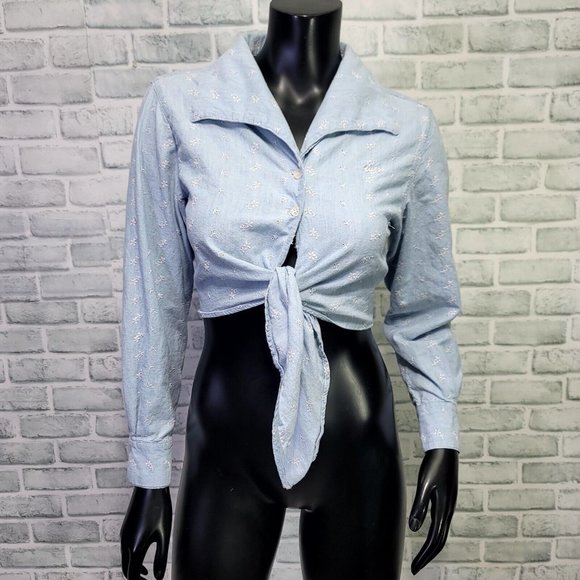 Vintage 90s Guess‎ Womens S Blue Eyelet cotton Tie Front Crop Top Collared - Picture 1 of 7